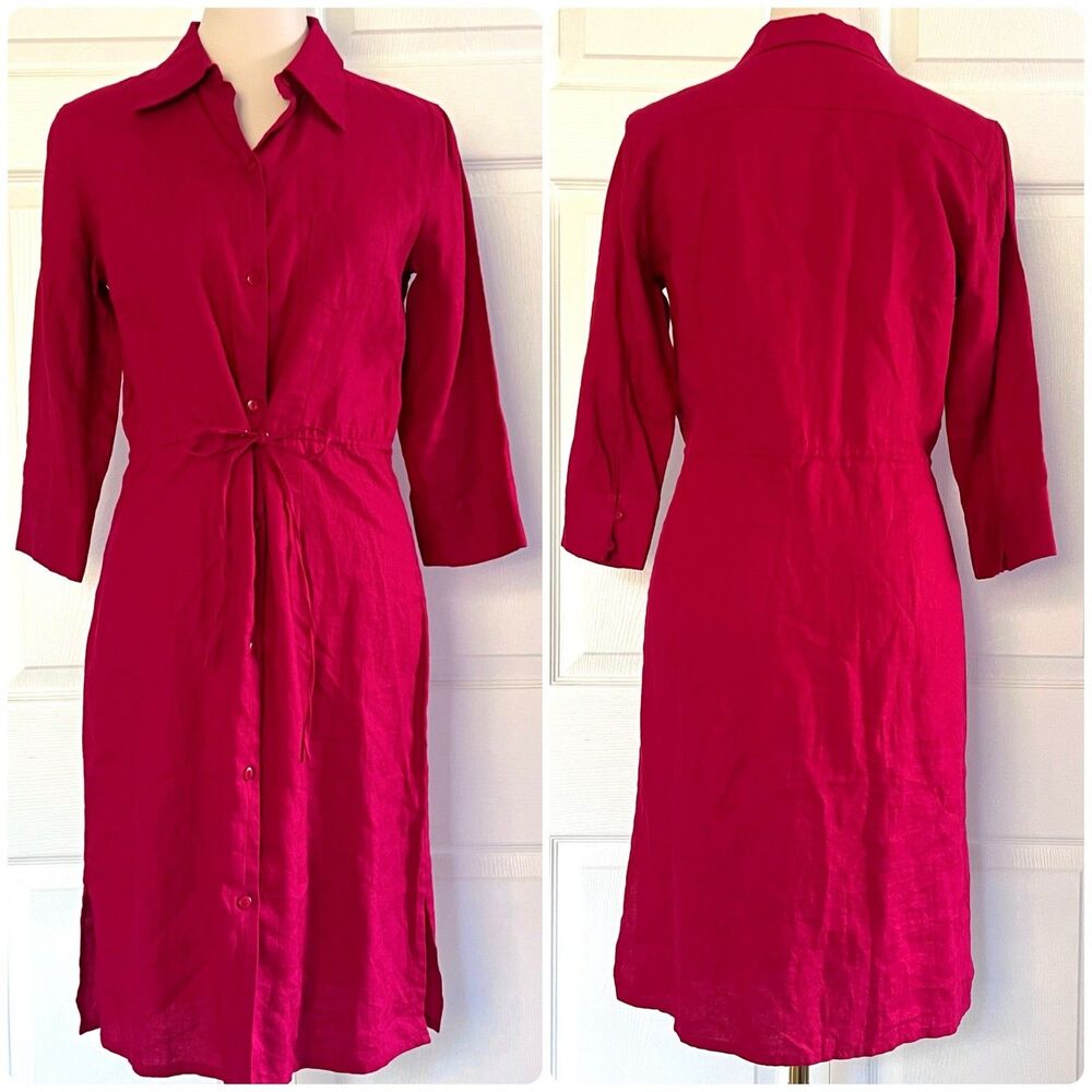 VTG Moda International Y2K 100% Linen Red Button-Up Shirt Midi Dress Womens sz 4